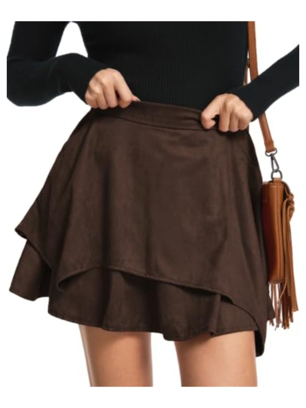 Women's Faux Suede Layered Mini Skirt with Pockets High Waisted Western Cowgirl